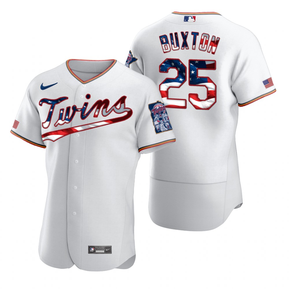 Minnesota Twins 25 Byron Buxton Men Nike White Fluttering USA Flag Limited Edition Authentic MLB Jersey